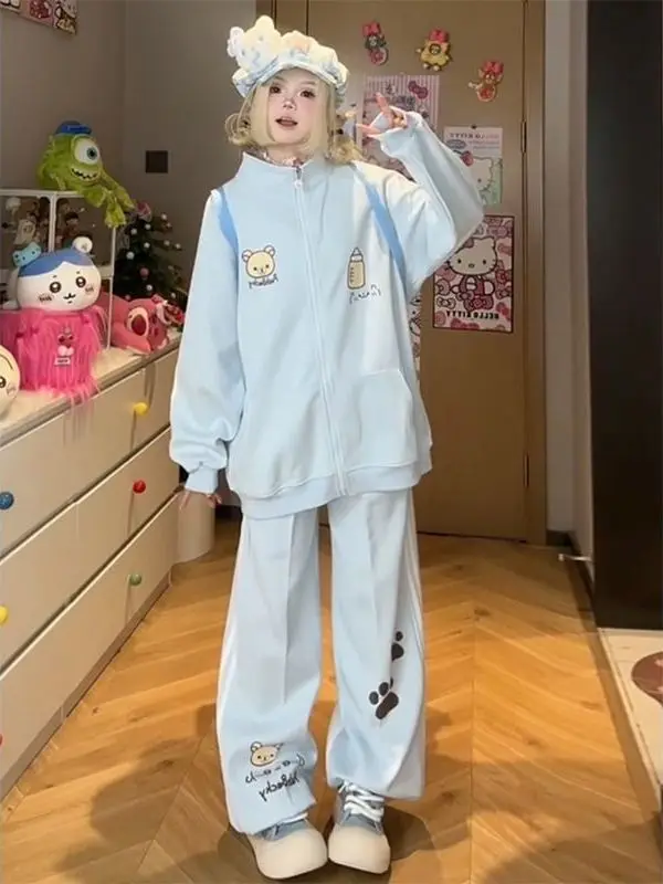 

Preppy Style Sportswear Set for Women Japanese Autumn Cute Cartoon Zip Up Sweatshirt + Sweatpants 2 Pcs Sets Women Y2k Suits