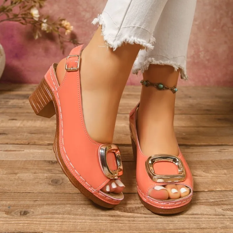 Women's Mid Block Heel Slingback Sandals Peep Toe Glossy Finish Large Square Buckle Decor Contrast Stitching Casual Daily Shoe
