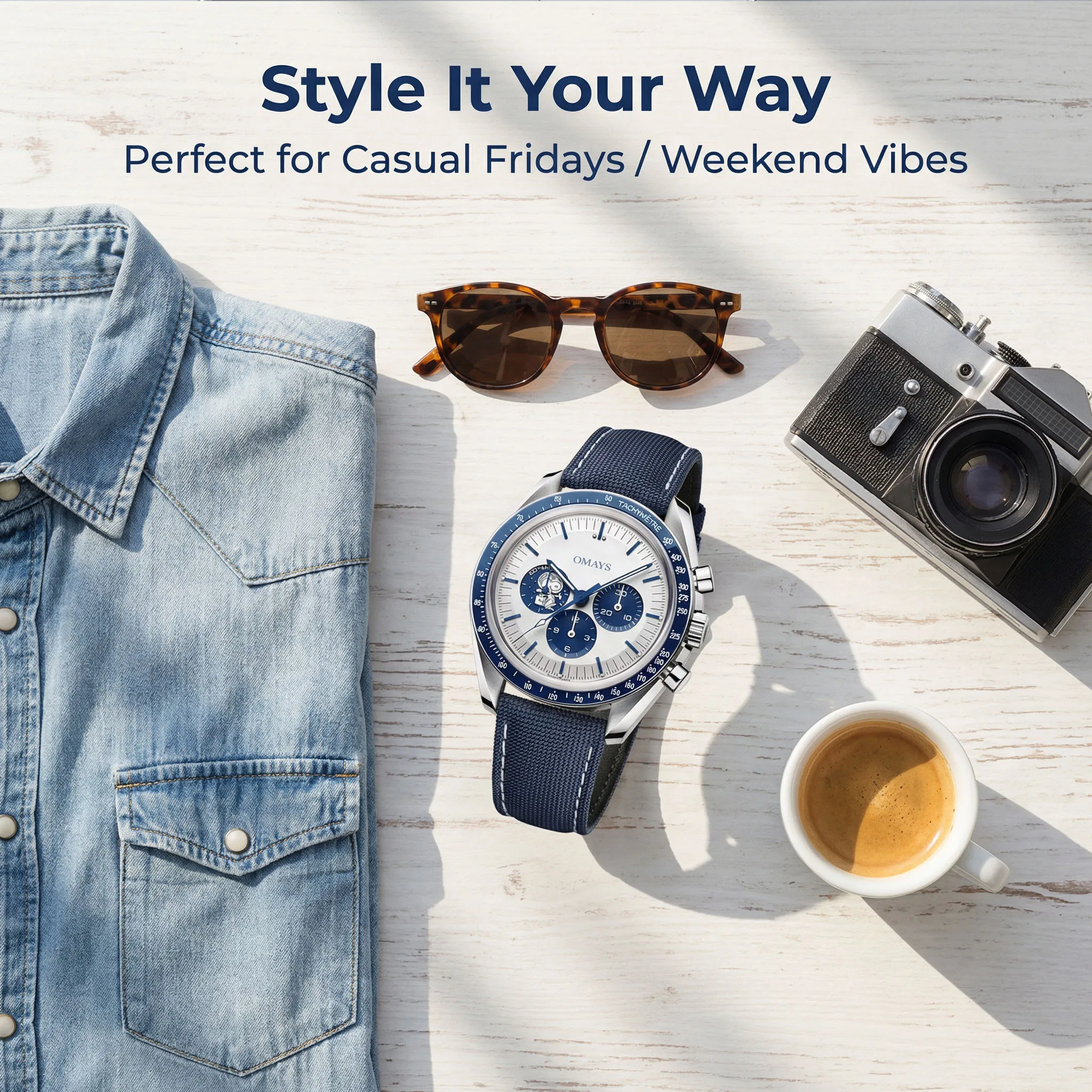 OMAYS Classic Blue Accent Watch, Chronograph Subdials & Tachymeter Scale, Timeless Design for All Occasions