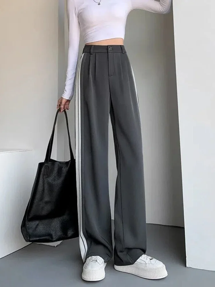 سراويل تقليدية للسيدات تصميم كلاسيكي بسيط مخطط جانبي ريترو أساسي صيفي كل مباراة ملابس الشارع الشهير مكتب السيدات Ulzzang Ins بنطلون