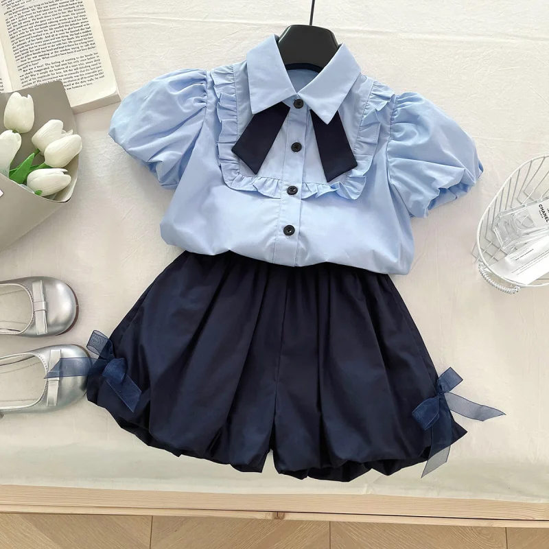 

2025Girls' Short-Sleeve Shirt Summer New Graceful Puff Sleeve Bow Bud-Shaped Pants Suit0017