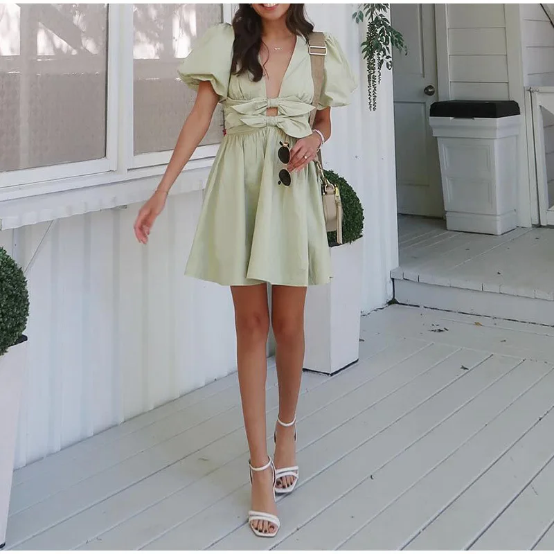 New European and American cross-border women's clothing wholesale women's bubble sleeve bow decoration elastic waist dress