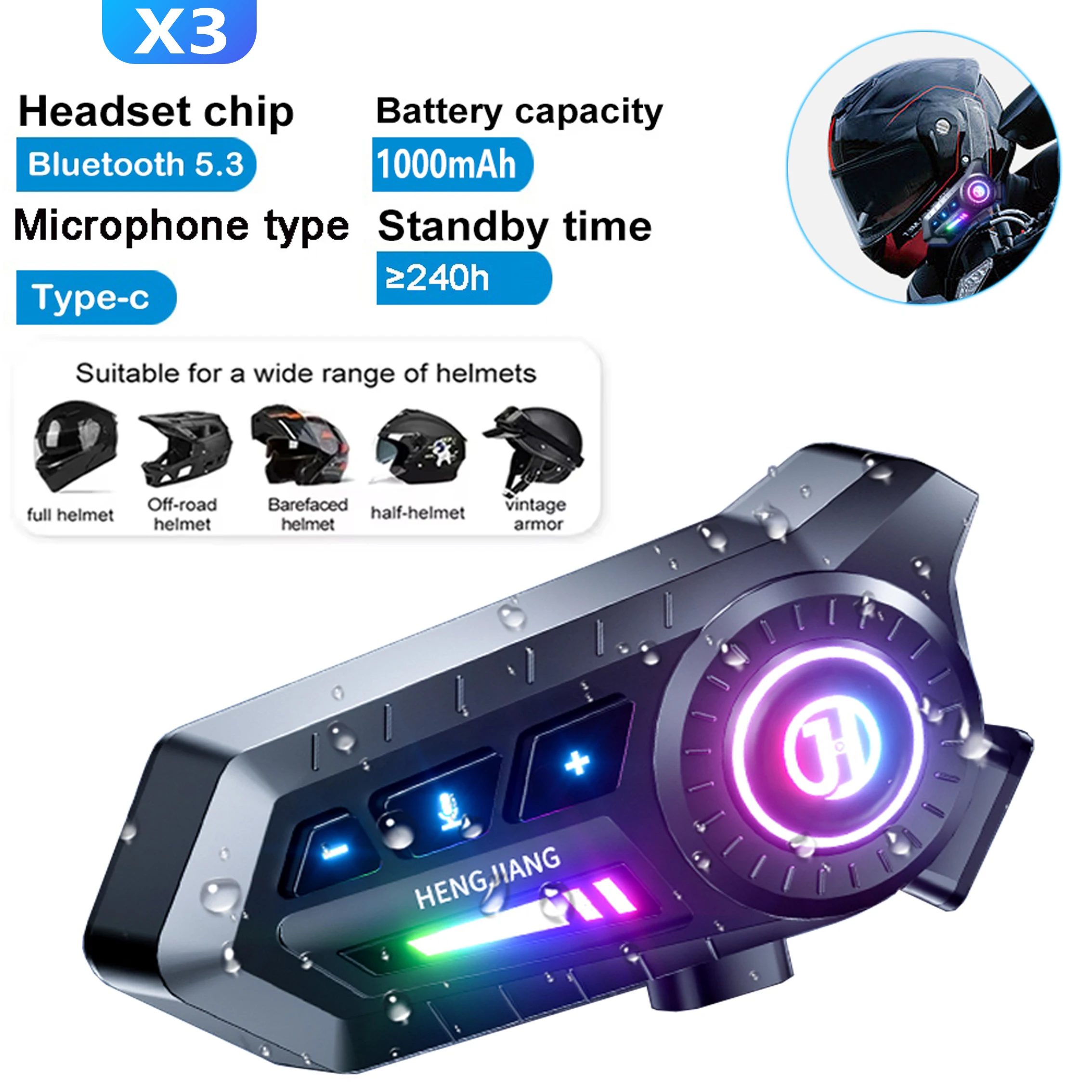 

Helmet Bluetooth Headset Waterproof Noise-Canceling Headset 1000Mah Long Battery Life Bluetooth 5.3 Cool Light Riding Headset