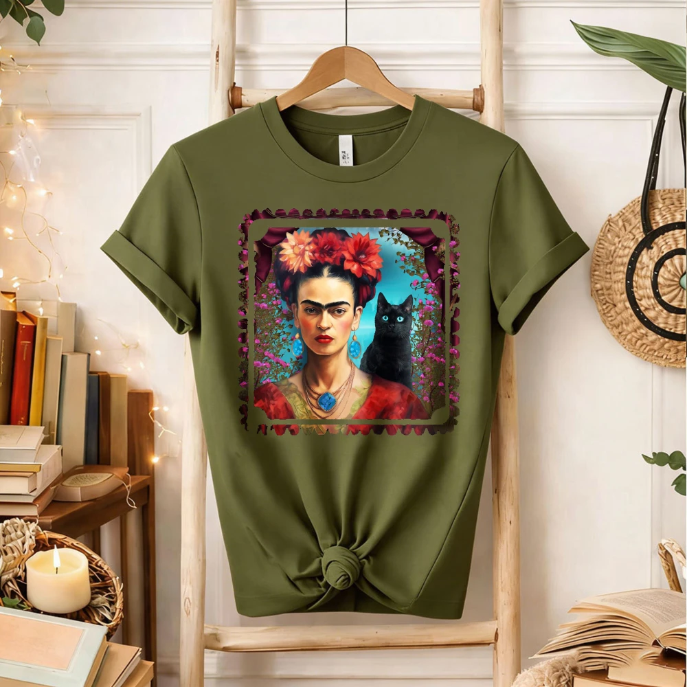 Frida Kahlo Kleidung für Damen, Frida mit schwarzer Katze, florales Grafik-T-Shirt, Vintage-Stil, mexikanische Künstlerin, Baumwolle, kurzärmelig, Boho-Streetwear-Top