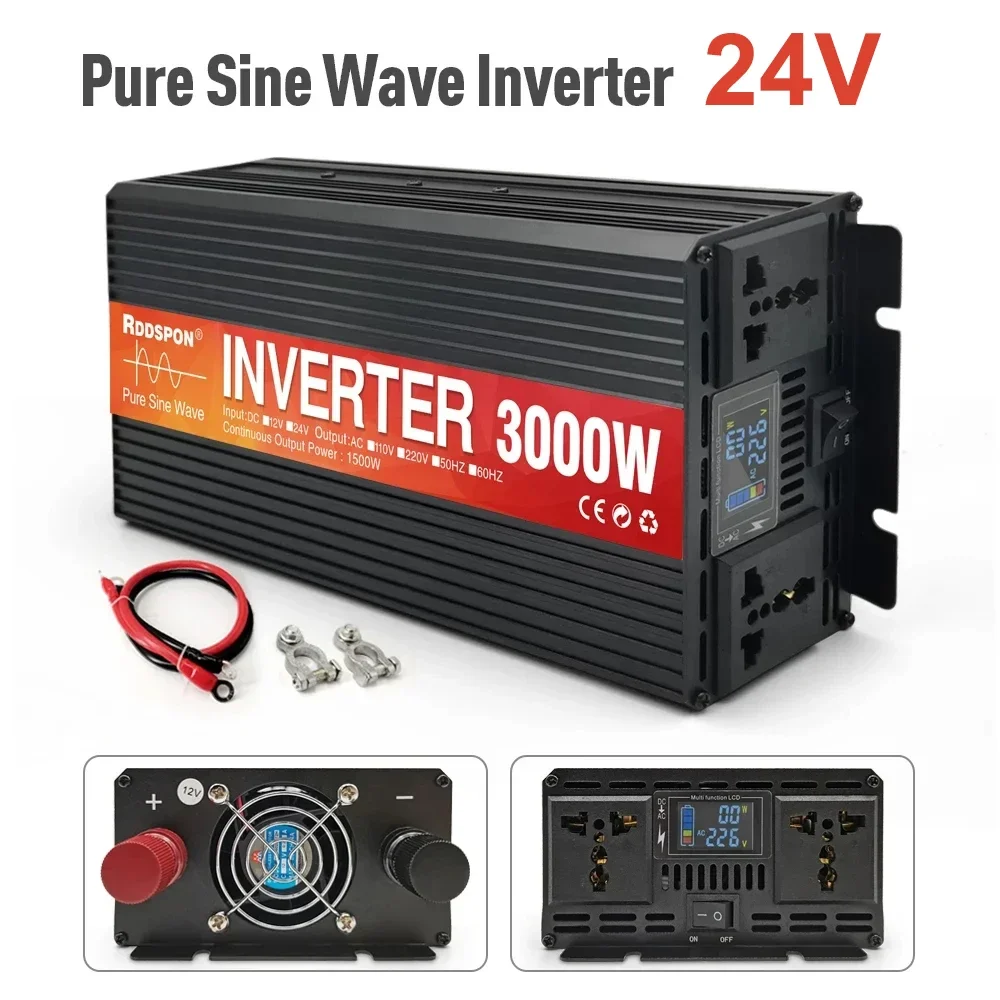 5000W 4000W 3000W Pure Sine Wave Inverter DC 24V To AC 220V Voltage Double Socket LCD Display Car Converter Power Supply