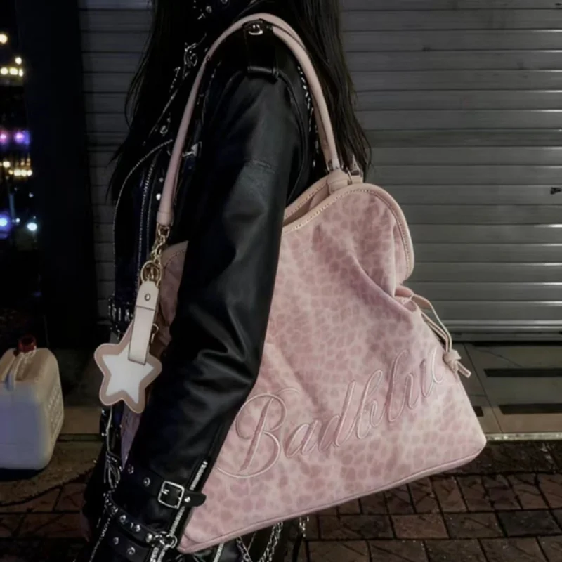 

Korean Retro Embroidered Leopard Print Large Capacity Drawstring Tote Bag Underarm Shoulder Bag