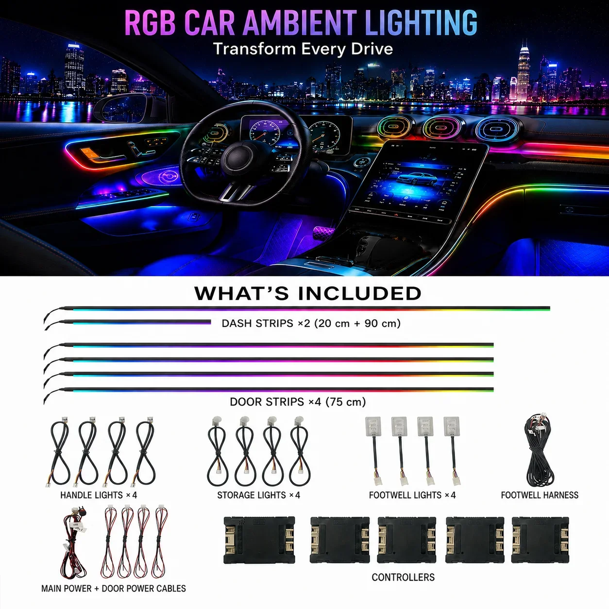 Dynamic Car Ambient Light Kit LED RGB Acrylic Music Sync Interior Decoration with Custom Logo 12V 3-5W App Control