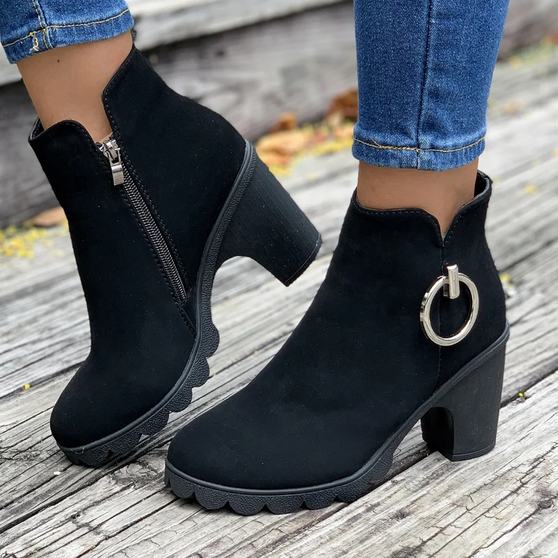 Woman Ankle Boots Spring Autumn Pointed Toe Low Heel Single Boots Black Heeled Suede Thick Heel Black Short Boots Big Size 42