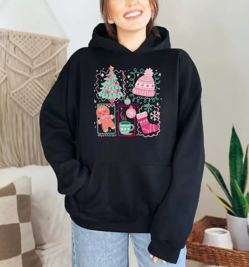 

Рождественская толстовка в стиле ретро, рождественская толстовка с кокетным бантом, уличная одежда с капюшоном и длинными рукавами Merry Doodle