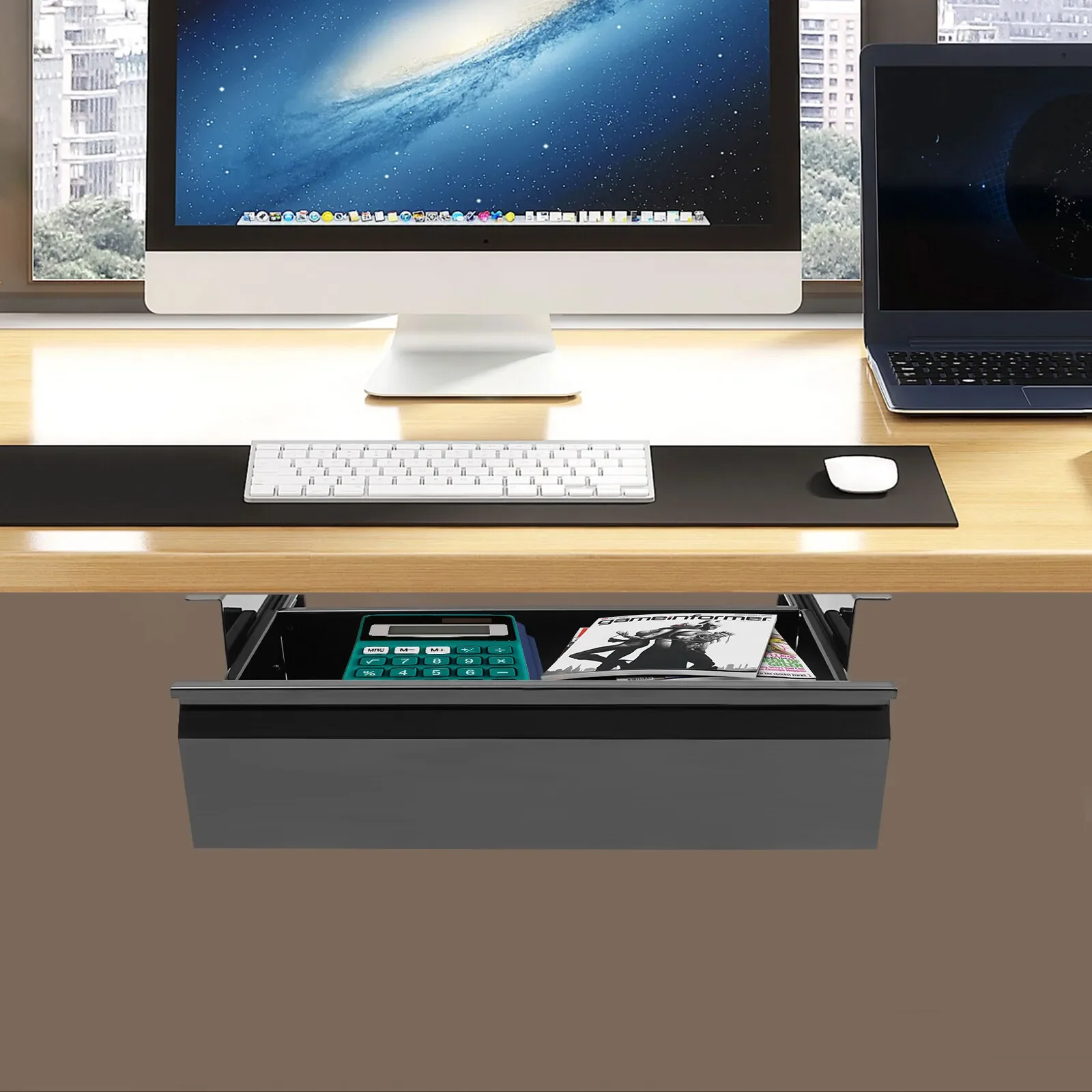 

Under Desk Slide-Out Storage Drawer with Built-in Power Strip, 18"x14"x5" - Space Saving & Charging