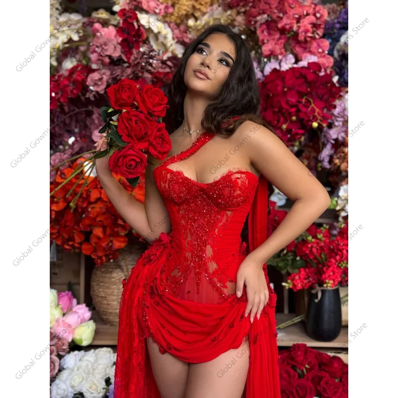 Luxury Red Lace Mini Evening Dresses 3D Flowers Halter Pleats Homecoming Prom Gown Ruffle Party Dresses Customized