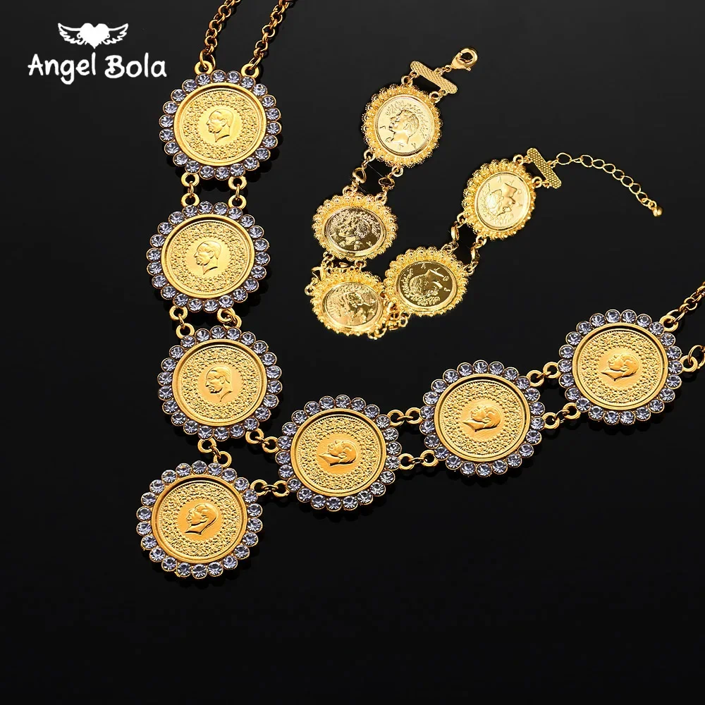 Gold Color Money Coin Bracelet Islamic Muslim Arab Coins Necklace for Women Men Middle Eastern Allah Jewelry Set African Gifts