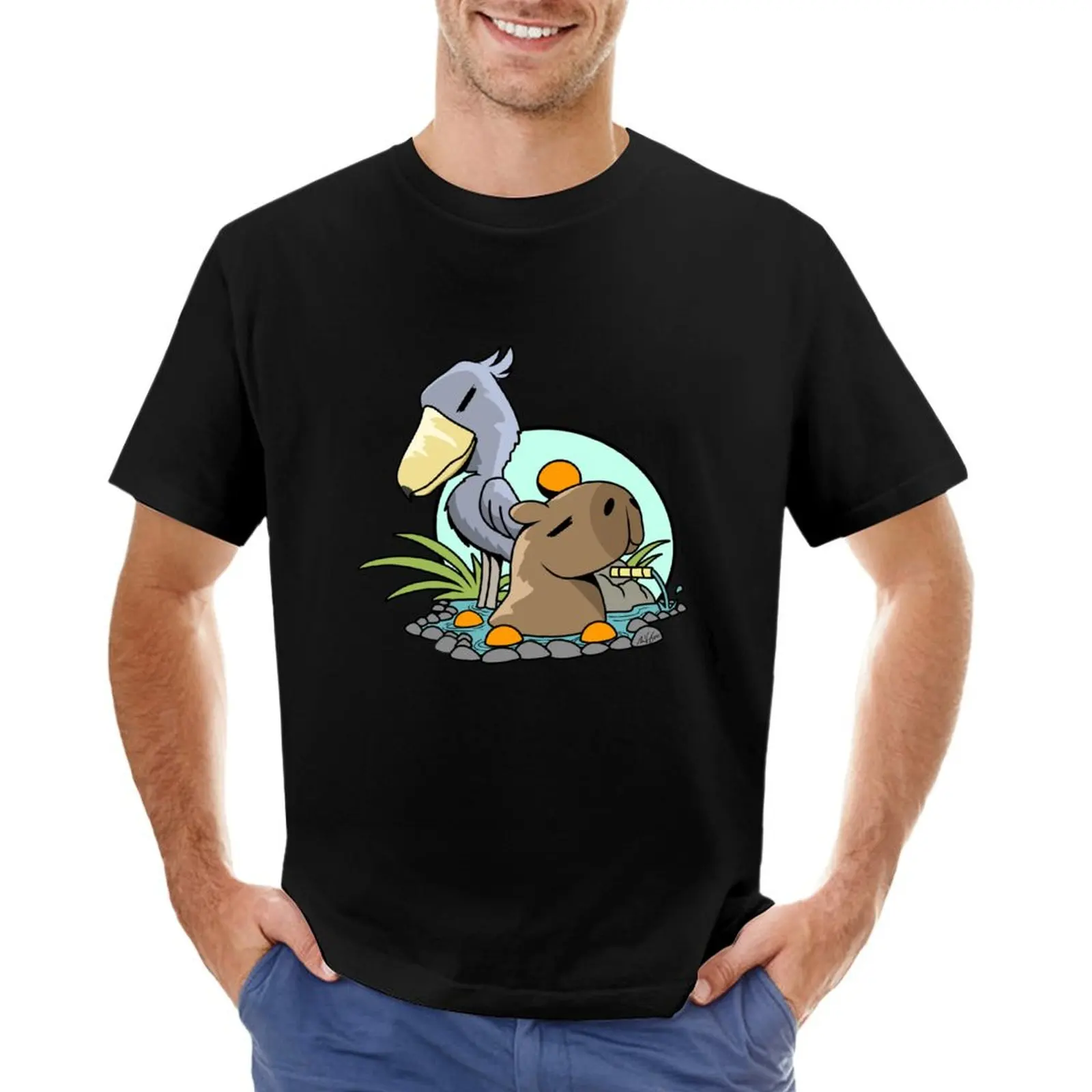 Shoebill Stork and Capybara Onsen T-shirt Blouse customs design your own Short sleeve tee men