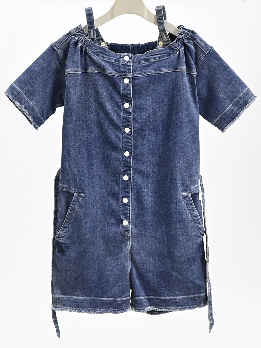 

Summer Ladies Casual Vintage Denim Overalls Elastic Waist orts Women's Jumpsuit Comfortable Cotton Fabric mid Waist