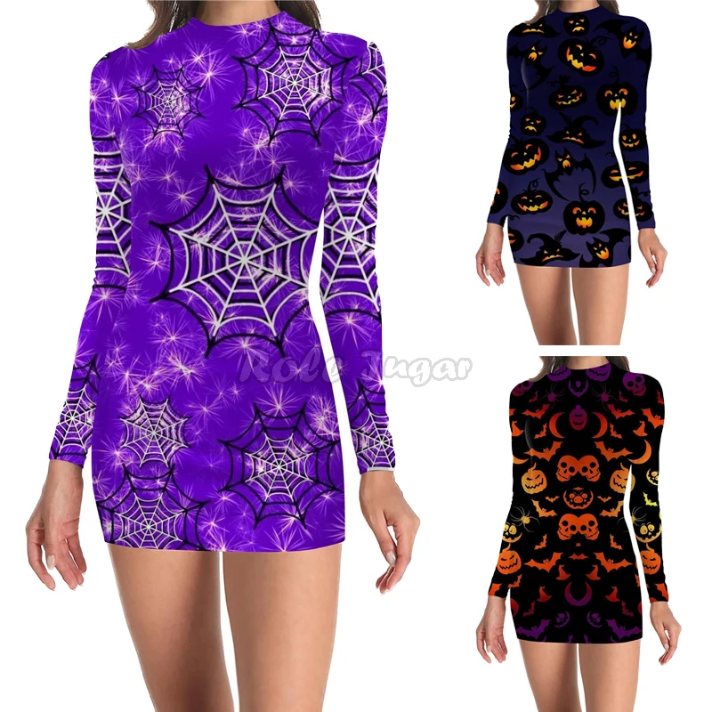 Halloween SkullPumpkin Print Mini Dress Casual Holiday Female Sexy Long Sleeve Slim Dress Carnival Party Outfits S-2XL