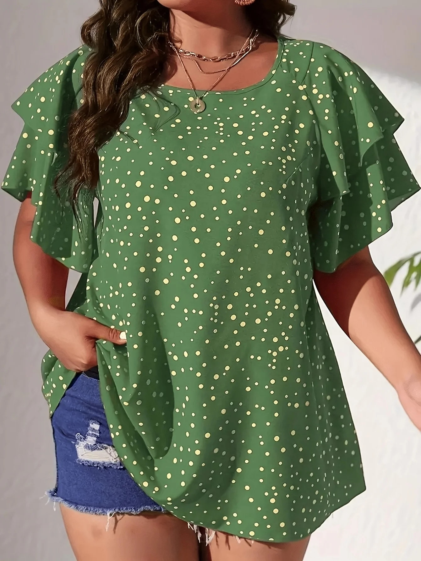 Plus Size 1XL-5XL Women's  Elegant V-Neck Blouse  Vibrant Pink & White Polka Dot Print Ladies Casual Short Sleeve T-shirt Tops