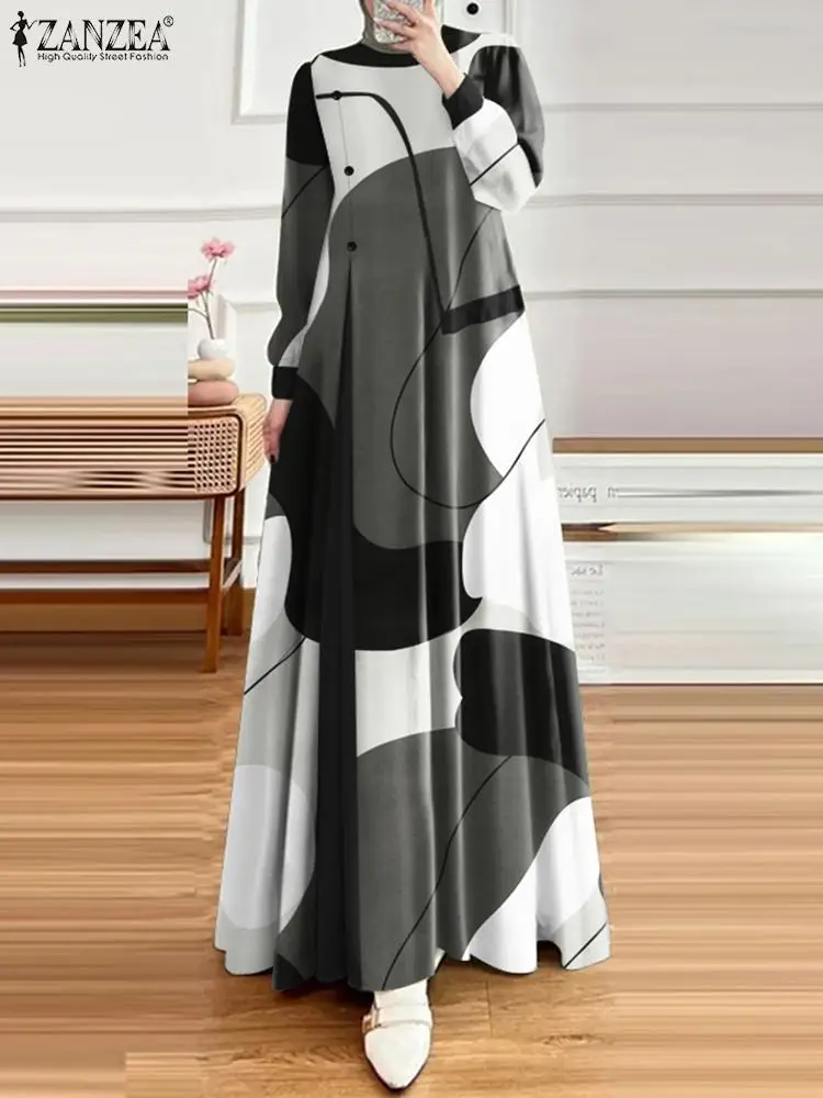 ZANZEA Women Fashion Printing Abaya Dress Muslim Islamic Casual Long Sleeve Long Dress 2024 Autumn Hijab Style O Neck Robes