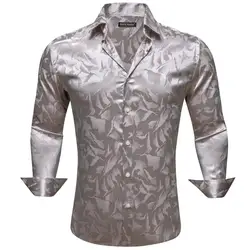 Luxury Shirts for Men Silk Satin Silk Gray Leaves Long Sleeve Male Blouses Casual Lapel Tops Breathable Streetwear Barry Wang