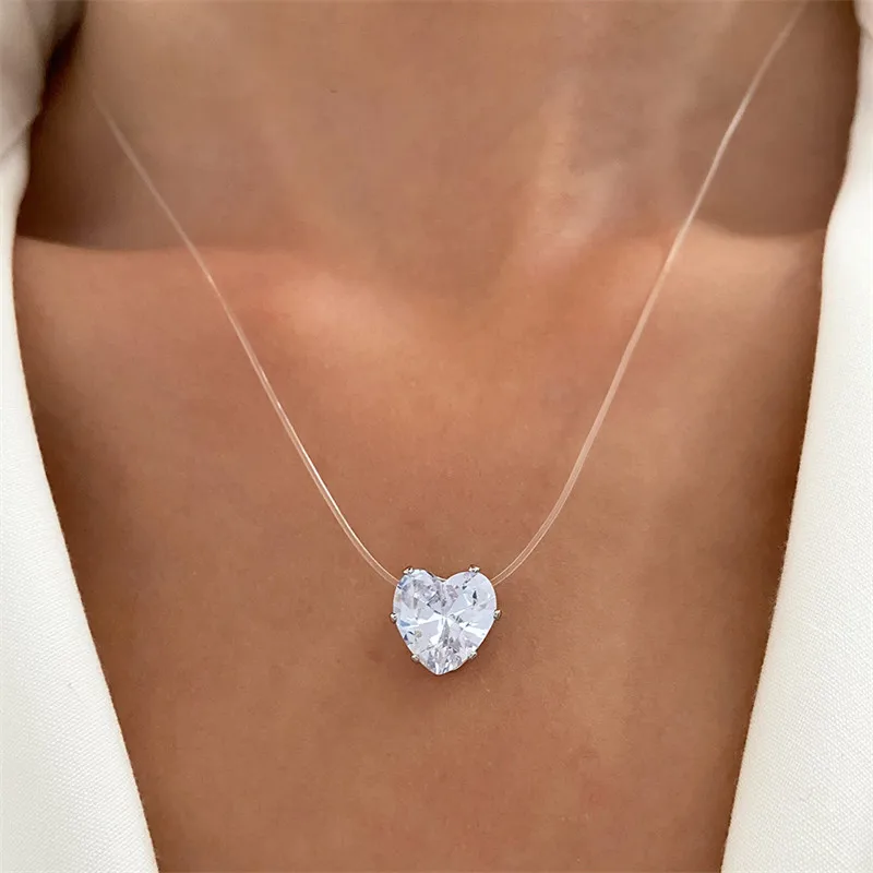 Transparent Invisible Fish Line Zircon Heart Pendant Necklace for Women Fashion Jewelry Wearable for Gathering Date Party