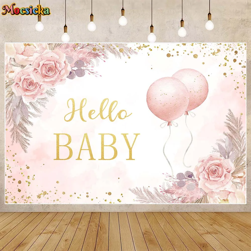 

Mocsicka Baby Shower Backdrop Hello Baby Girl Welcome Party Decorations Newborn Background Studio Props Pink Boho Flower Balloon