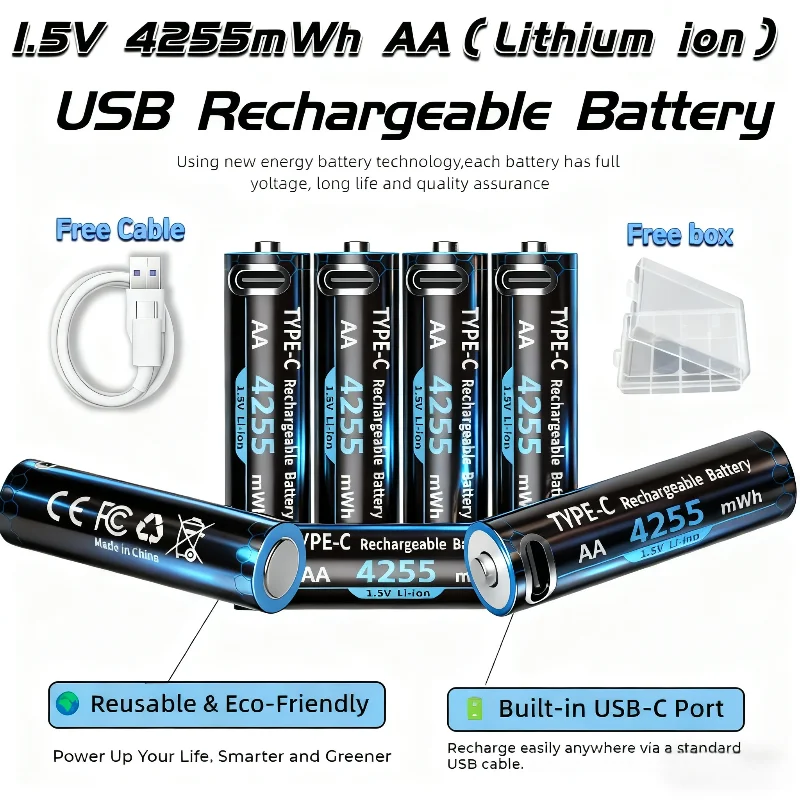 

1.5V AA Rechargeable Battery 4255mWh Type-C USB, Lithium Battery for Remote Control Toy with Charging Cable, Fast Charging