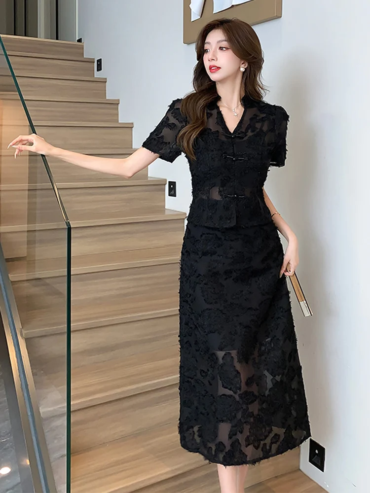 Chinese Style Summer Black Two Piece Set Elegant Women V Neck Single Breasted Tassel Shirt+High Waist Long Fringed Skirt Suits