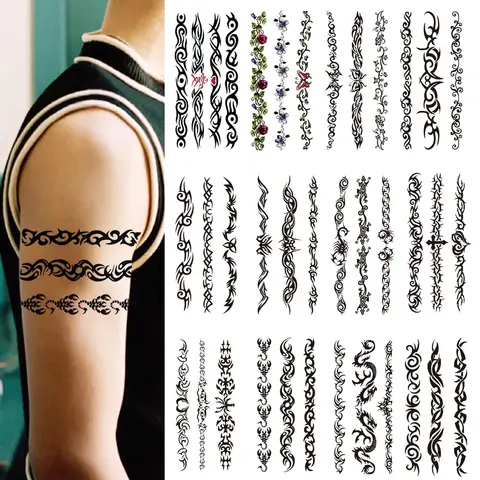 6 stks Zwarte Doornen Tribal Totem Waterdichte Tijdelijke Tattoo Sticker Schorpioen Fake Tattoo Sticker Arm Voet Taille Tattoo Mannen Vrouwen