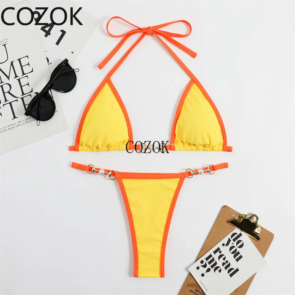 Metal Chain Bikini Set Women 2023 Swimwear Push Up Halter Tie-up Bra+Triangle Thong Two-Piece Bathing Suit Brazilian Biquinis