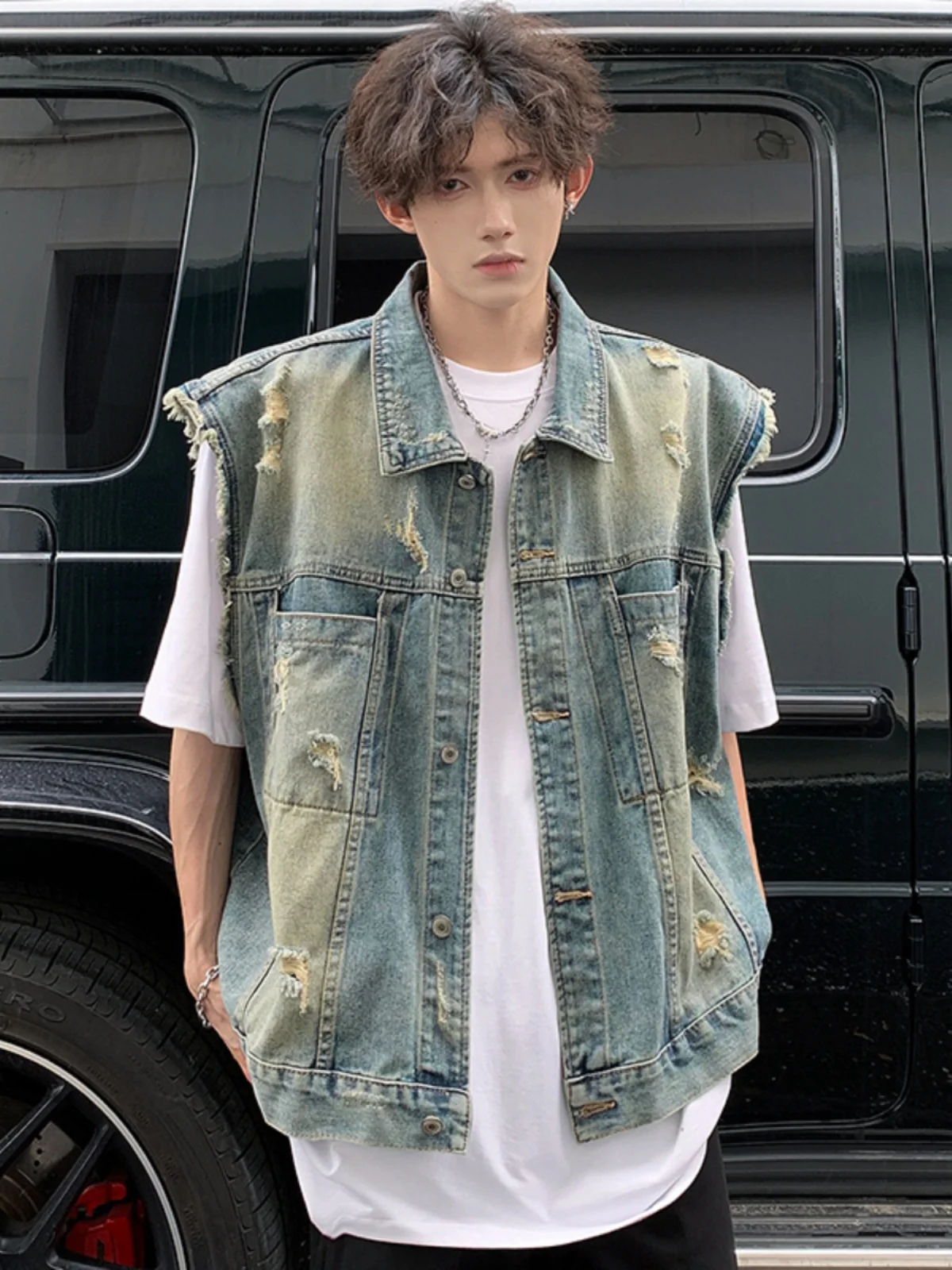 

Ретро-жилет из денима в американском уличном стиле, мужской, с дырками, молодежный, летний, повседневный, свободного кроя