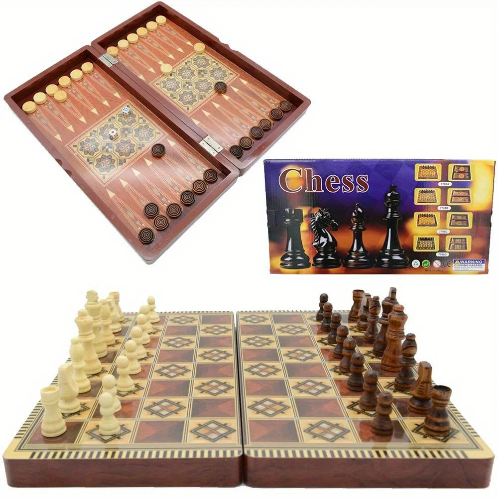 

3-in-1 Board Multiple Modes 40x40cm Luxury Knight Checkers Chess Backgammon Foldable Intellectual Entertainment Game Gift