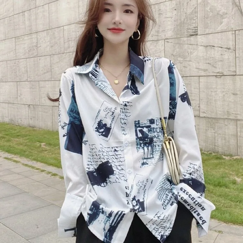 

Female Spring Summer Fashion Trend Button Printing Polo Collar Office Lady Simplicity Women's Shirt Long Sleeve Loose Top Tee