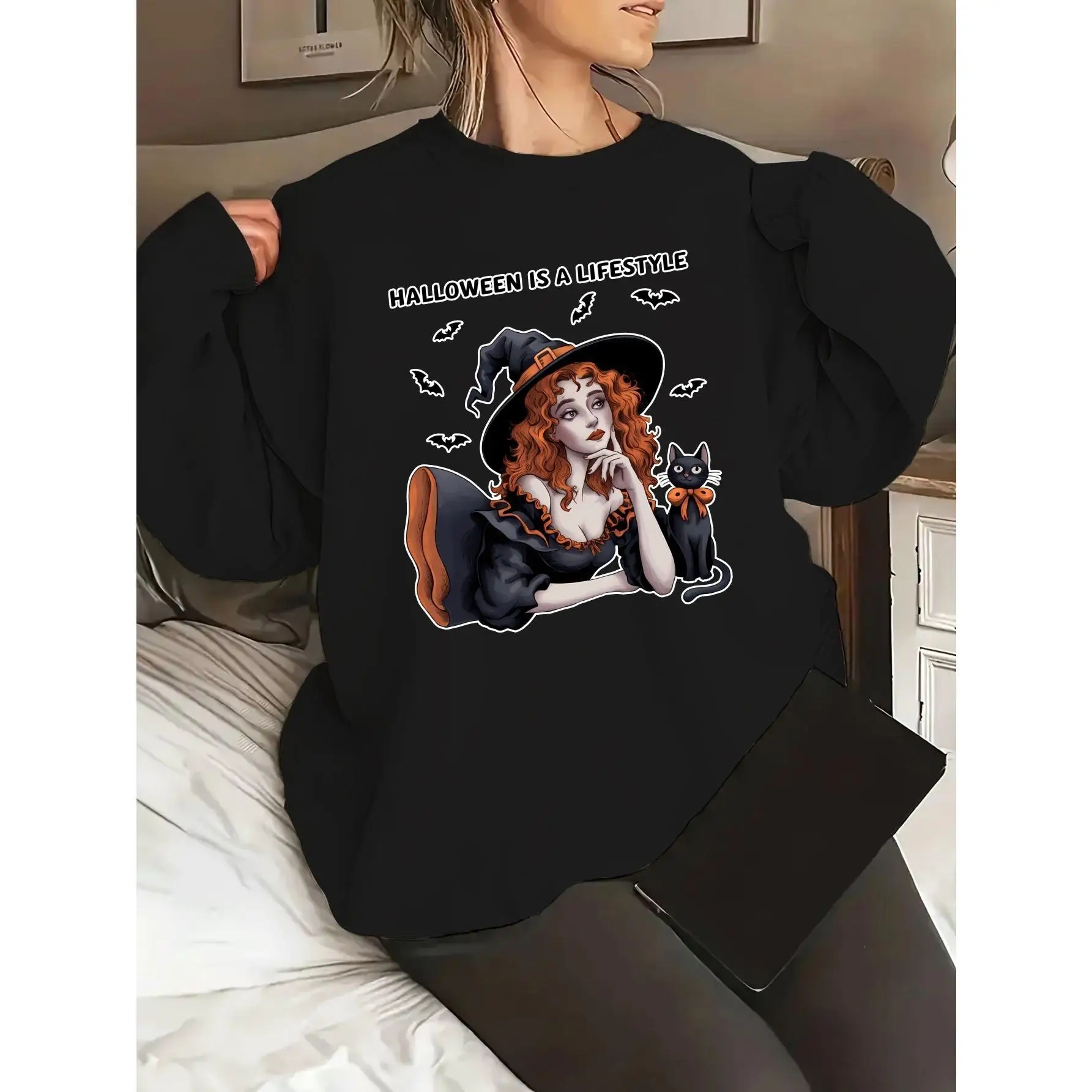 

Halloween is a Lifestyle Sweatshirt Witch Black Cat Jumper Spooky Season Graphic Pullover Men Women Fall Top