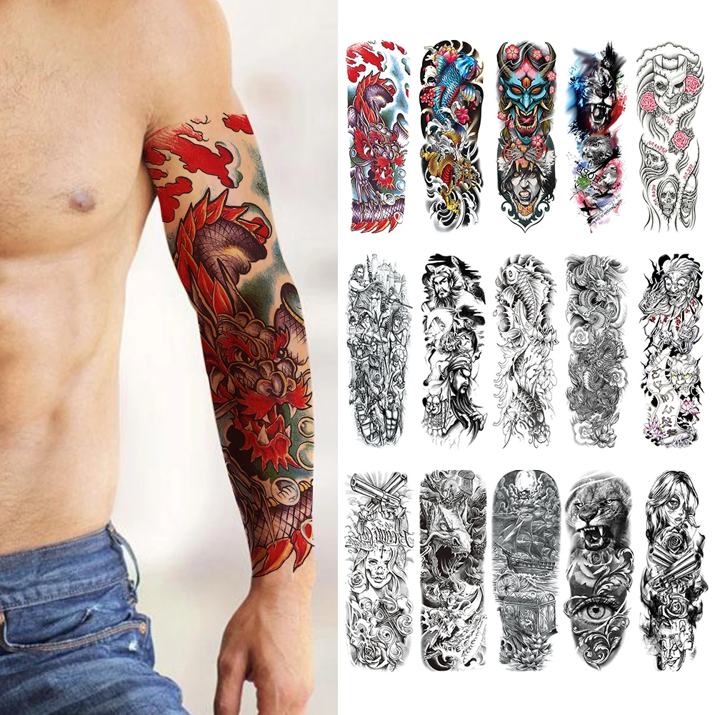 Full Arm Large Skull Old School Tatoo Stickers Waterproof Temporary Tattoo Sticker Large Arm Sleeve Tattoo Flash Fake Tattoos