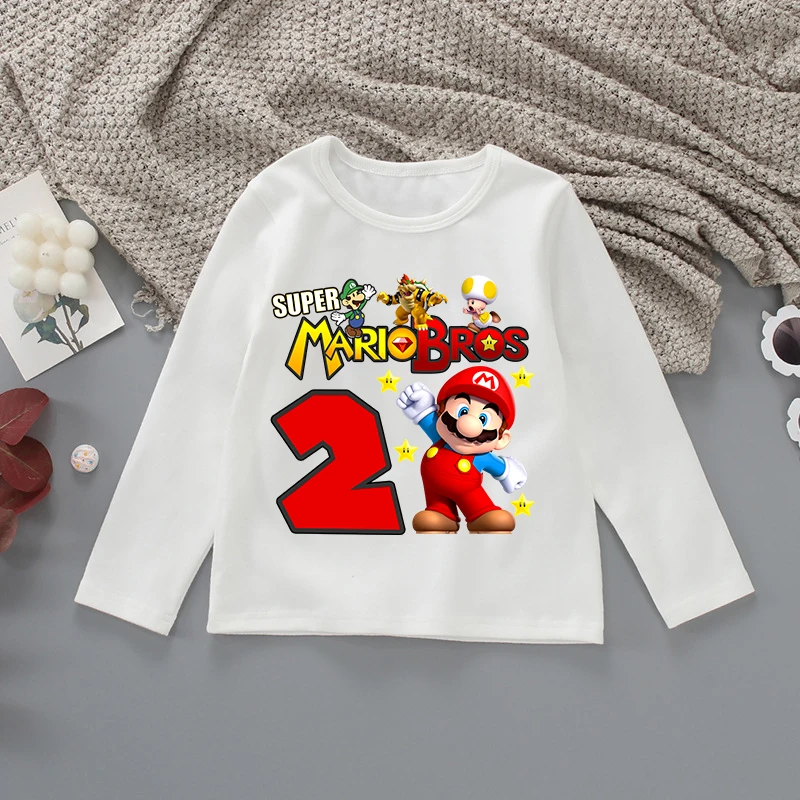 Super Mario Cute T-shirt Number Printing Boys Girls Clothes Fashion Birthday Anime Children Clothing Short Sleeve Cotton Shirts