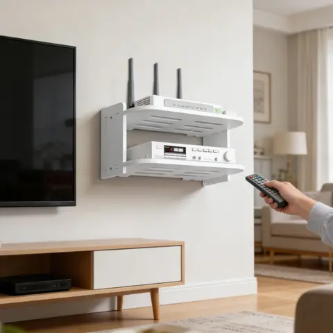 2-Tier Wall-Mounted WiFi Router Storage Shelf — Drill-Free; Storage Box for Set-Top Boxes and Optical Modems; Cable Organizer