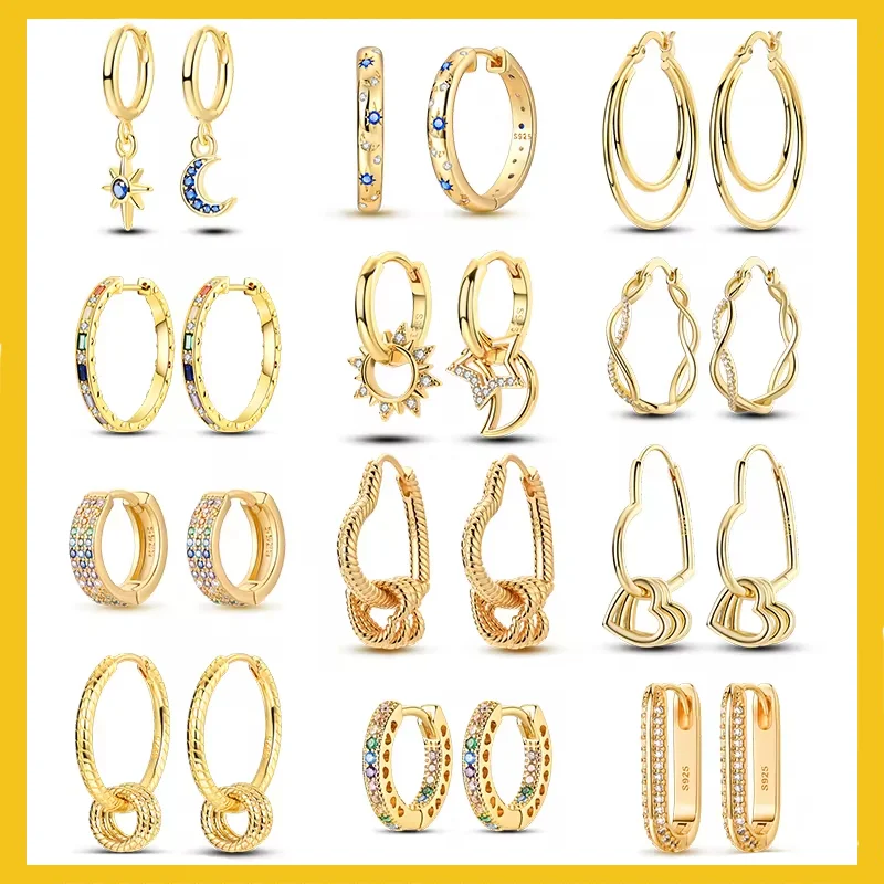 

Серьги-кольца женские золотистые со звездами, серебро 925 пробы