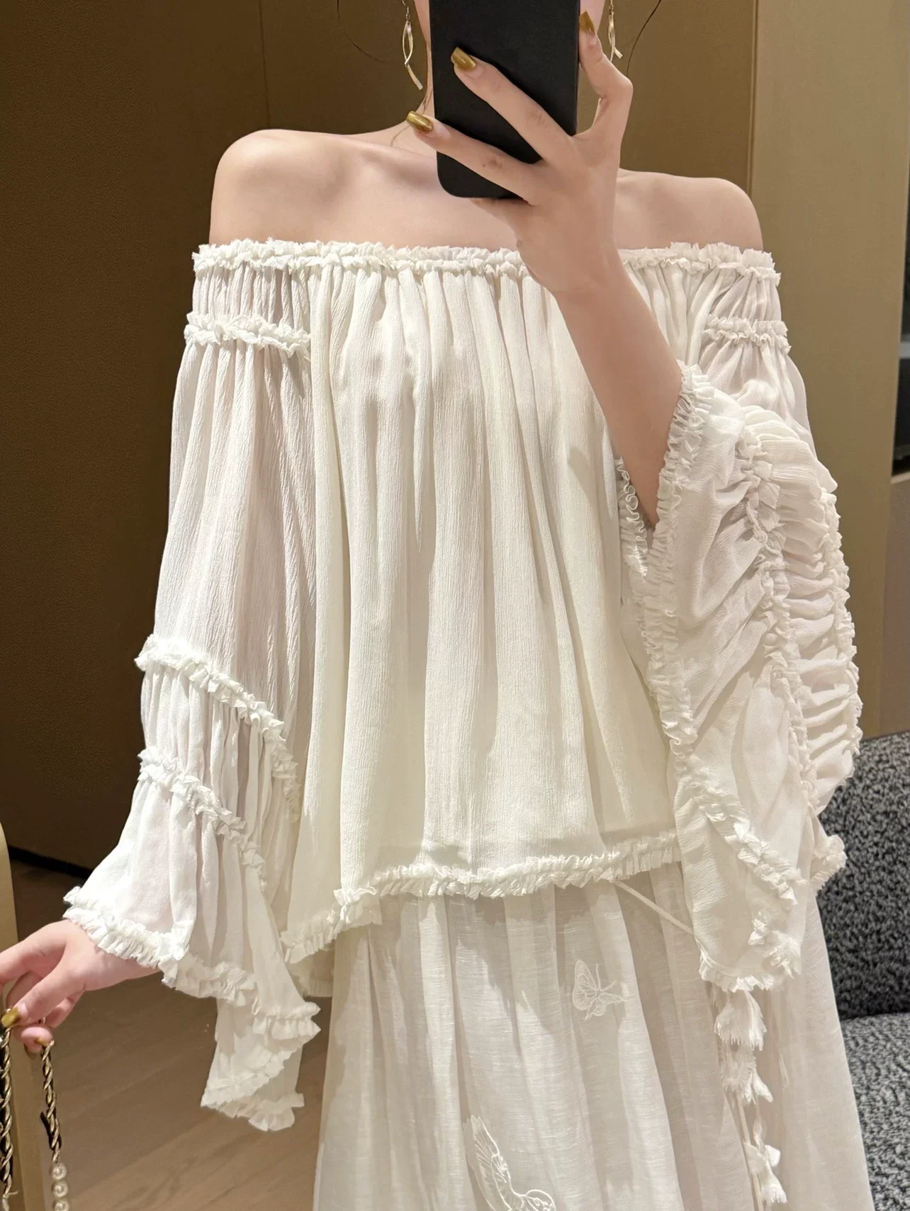 

Casual Ladies White Beach Top Fashion Women's Slash Neck Shirt Sexy Green Ruffles Loose Blouse