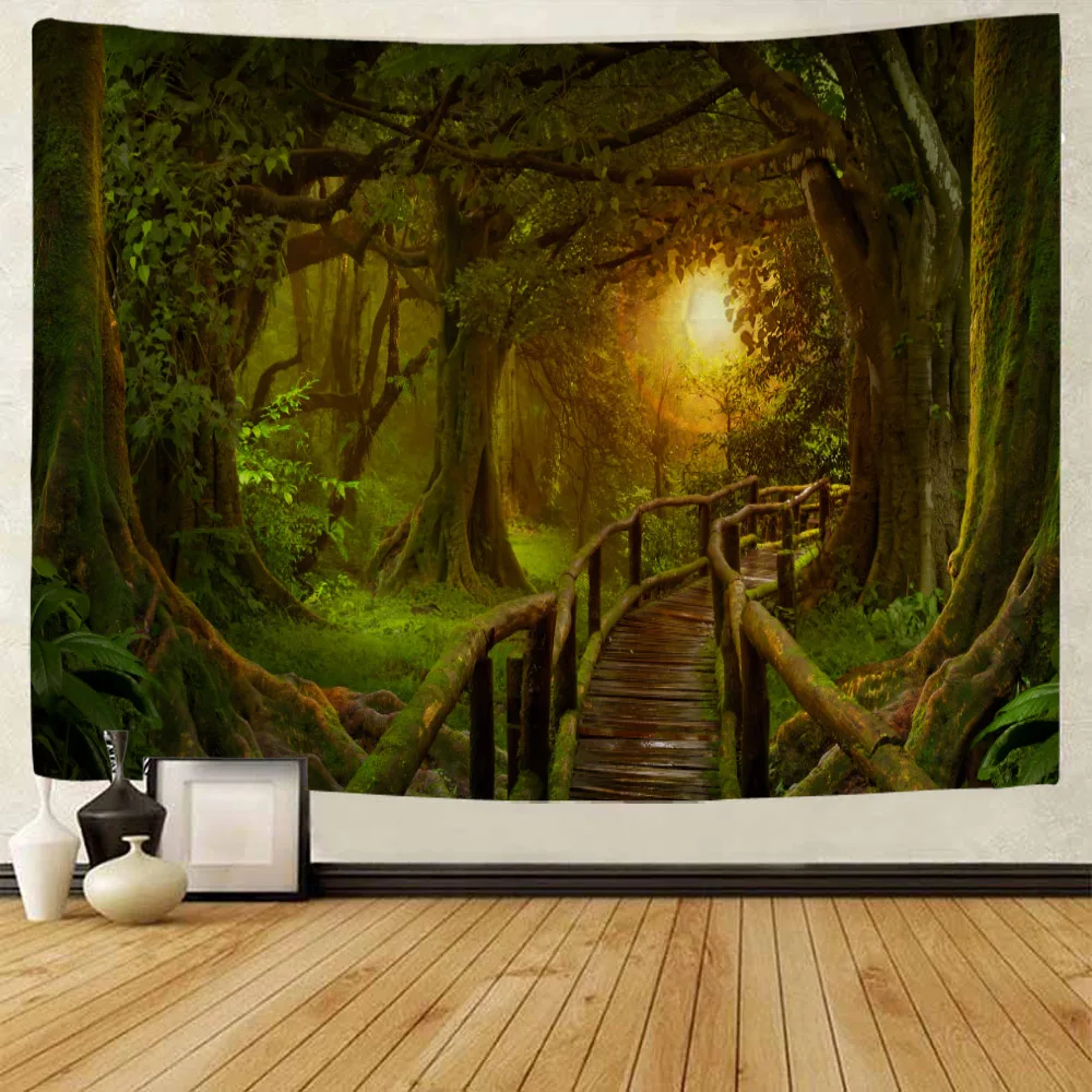 Forest tapestry, wall hanging, forest waterfall landscape, camping tent, mat, bed sheet, home wall art decoration, blanket