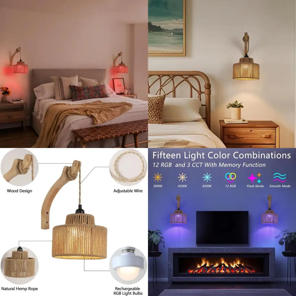 

Battery-Powered Rechargeable Rattan Wall Sconces Set, Wireless RGB 12-Color Dimmable Lighting, Cordless Indoor Sconce