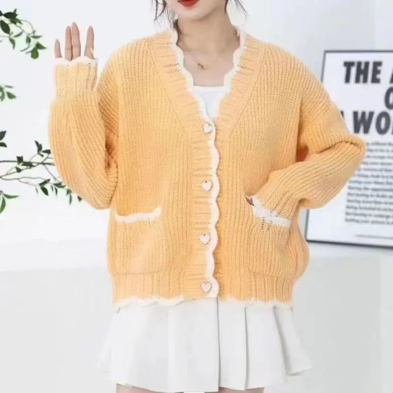 Fashion V-Neck Button Pockets Loose Ruffles Cardigan Sweaters Women's Clothing 2023 Autumn Winter Oversized Knitted Sweet Tops