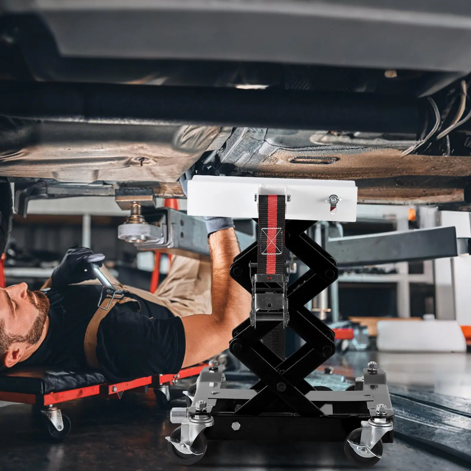 Transmission Jack 450 LBS Capacity: Low Profile Lift with 2M Safety Straps & 4 Brake Wheels, 7-23 Inch Range for Car