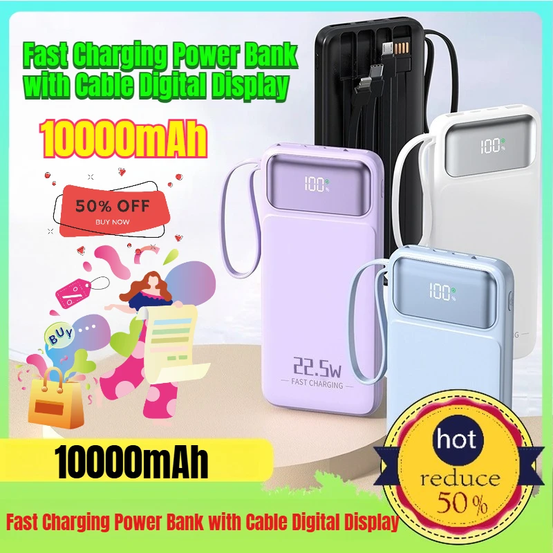 

3C Certified Fast Charging Power Bank with Cable Digital Display 10000mAh Mobile Power Supply Power Bank