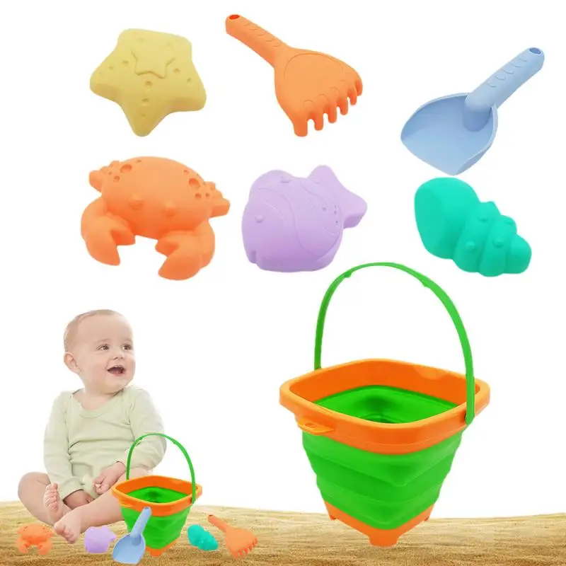 

Beach Sand Toys 7PCS Sand Toy Set For Fun Portable Rake Shovel Cute Sand Molds Foldable Beach Bucket With Mesh Bag For Summer