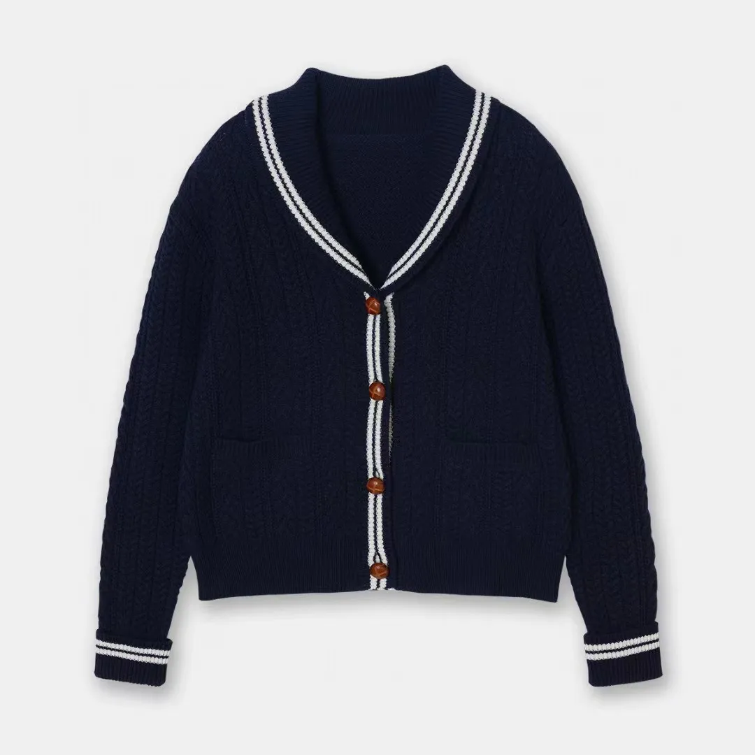 Women's Versatile Casual Long Sleeve Knitwear Top Ladies Solid Navy Collar Twisted Knitted Cardigan 2023 Autumn Winter New