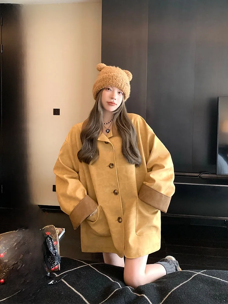 

Loose Color Blo PU Leather Jaet Women's Autumn Winter Design Sensation Retro Lazy Jae Top by Luu Peach Joy