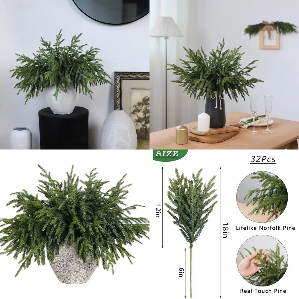

18 Inch Artificial Norfolk Pine Branches, 32 Pcs Faux Cedar Stems for DIY Wreaths and Home Decor