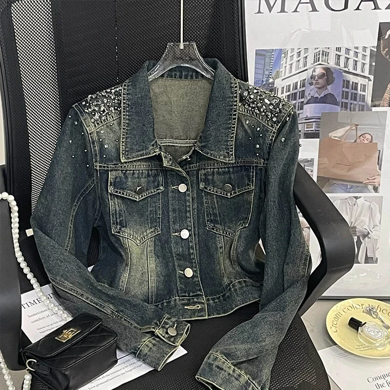 

Fashionable Short Denim Jacket Women's Embellished Diamond Anti-Aging Early Autumn New Style Premium Short Design Top