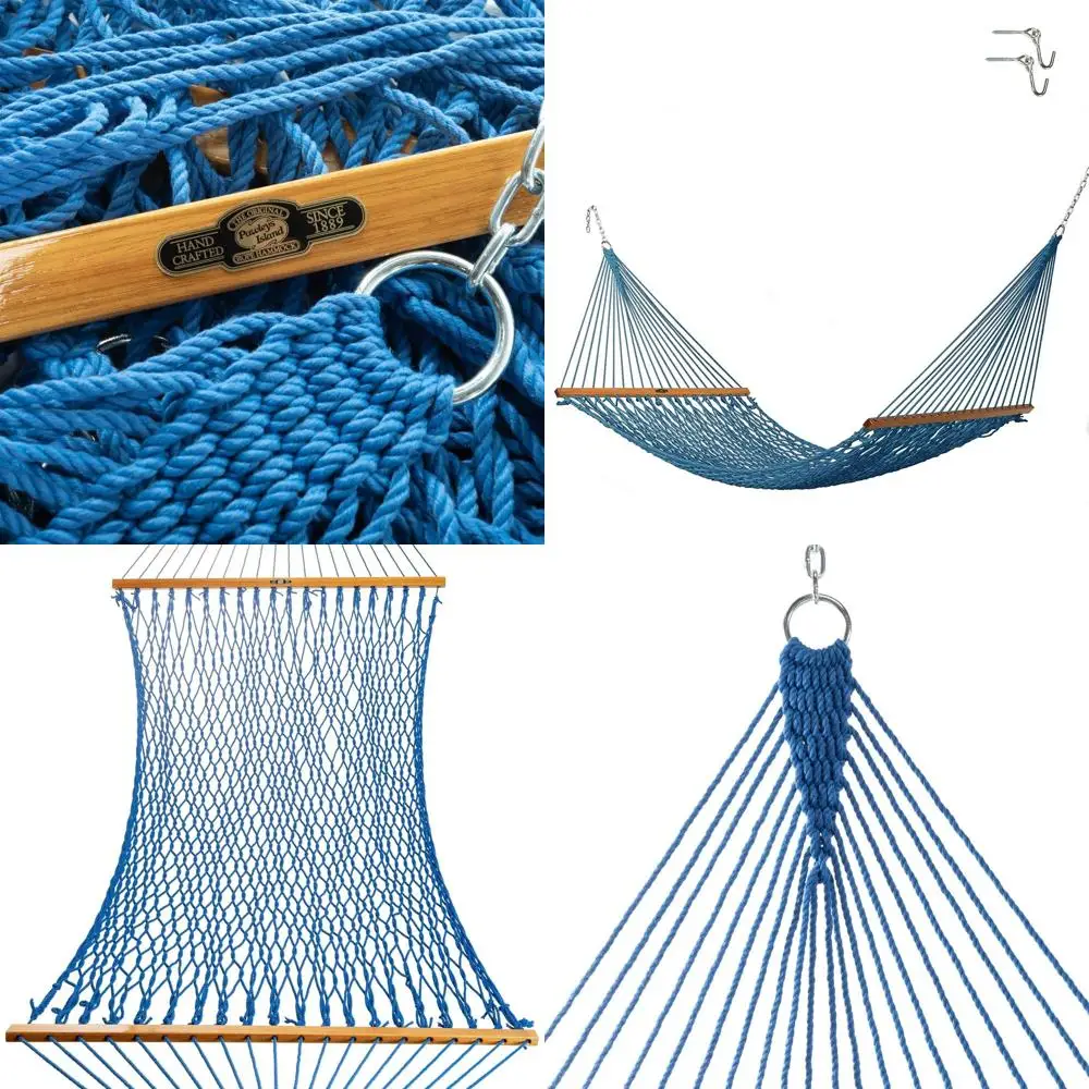 One-Person Blue Durable Rope Hammock - 12ft x 50in, 450 lbs Capacity, Oak Bar, Zinc Hardware, Handcrafted in USA