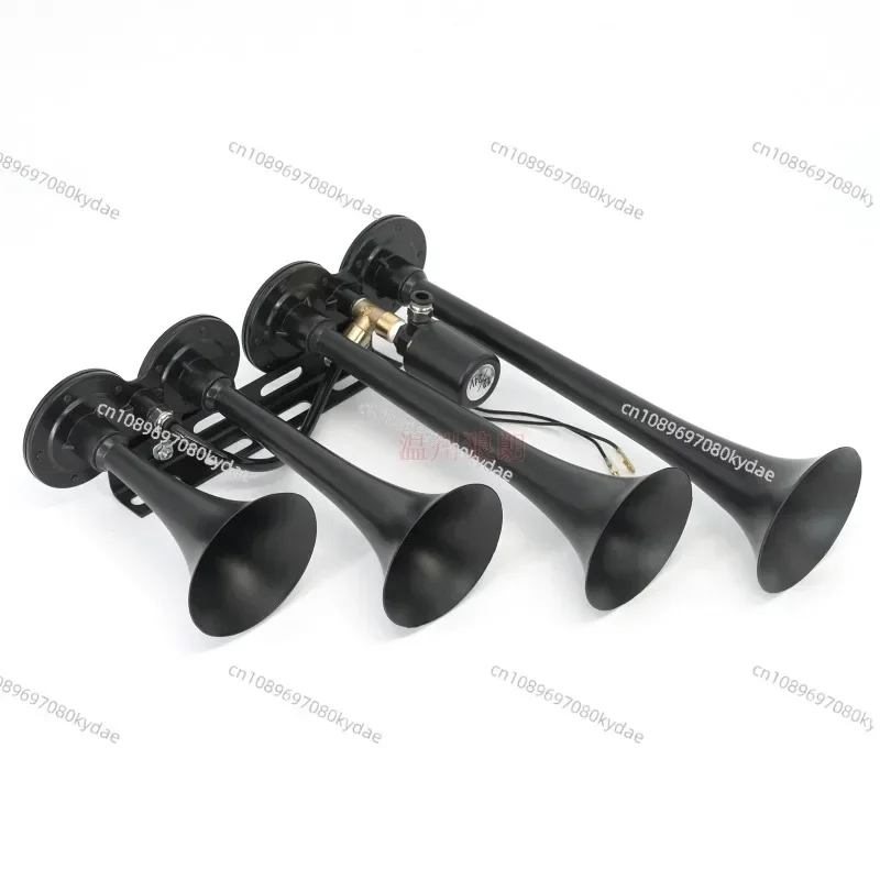 12V/24V Long Row of Black Four-pipe Gas Horn, Metal Trachea with Solenoid Valve Car Truck Treble Whistle