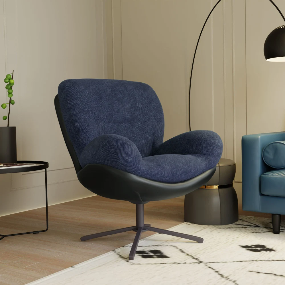 

360° Swivel Office Chair, Modern Chenille Chair with Faux Leather and Black Metal Base Frame, No Wheels, Accent Chair